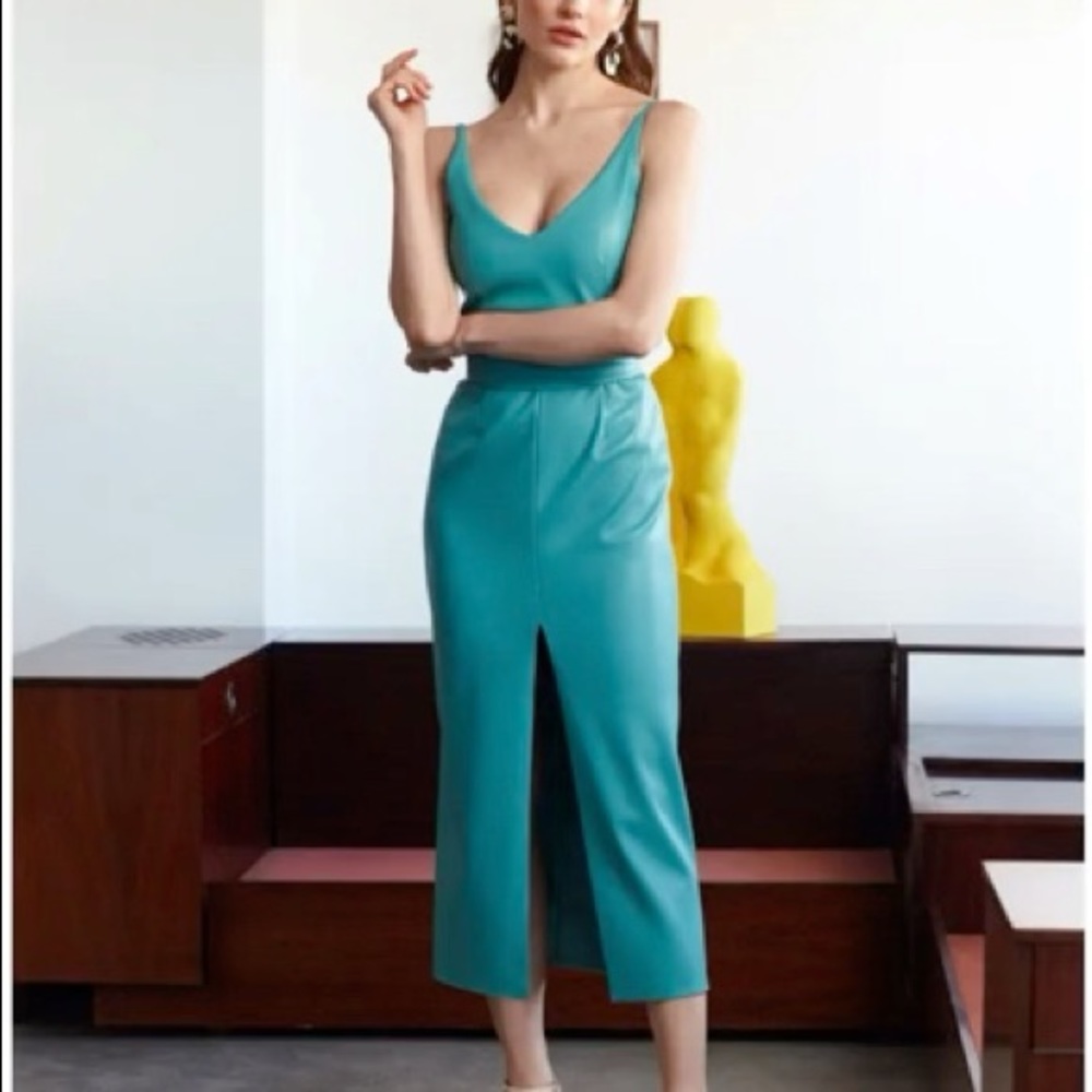 CALISTA Teal Blue Soft Vegan Leather Midi Dress with Front Slip by Undress